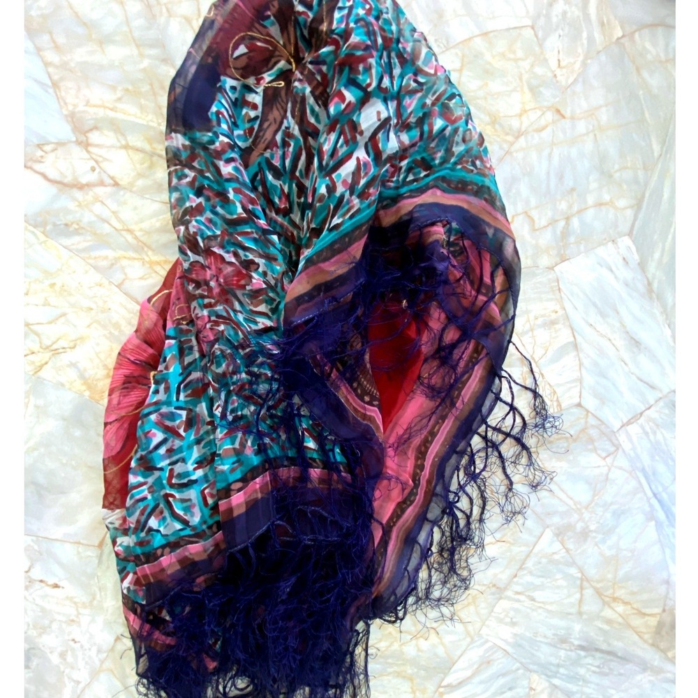 Abstract Geometric Print Sheer Scarf with Purple Eyelash Fringe Trim Multi-Color